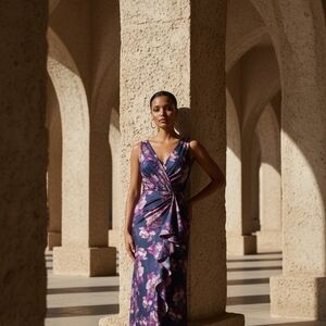 Kay Unger Navy and Pink Floral Maxi Dress